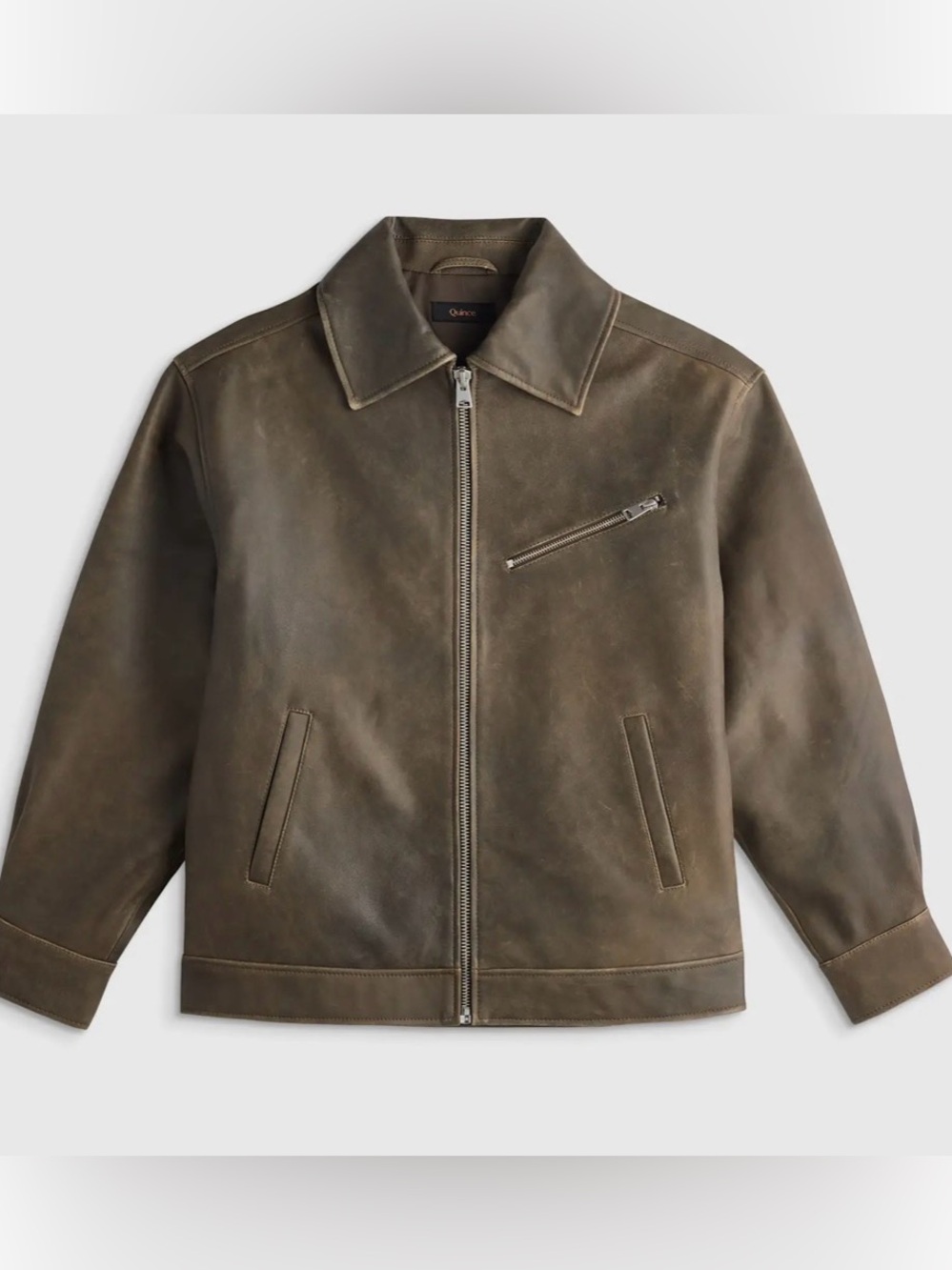 Quince Olive Green Leather Bomber Jacket